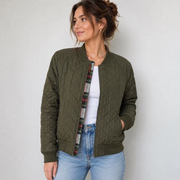 Ashley Jackets & Blazers - Ashley Olive Green Quilted Bomber Jacket Plaid Lined Sz M